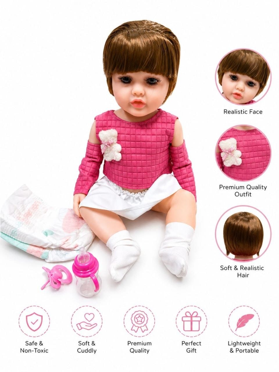 Premium Realistic Reborn Baby Doll Set with Accessories | 38 cm Life-Like Soft Cuddly Play Doll with Feeding Bottle, Pacifier & Diaper for Kids Girls (Ages 3+ Years)