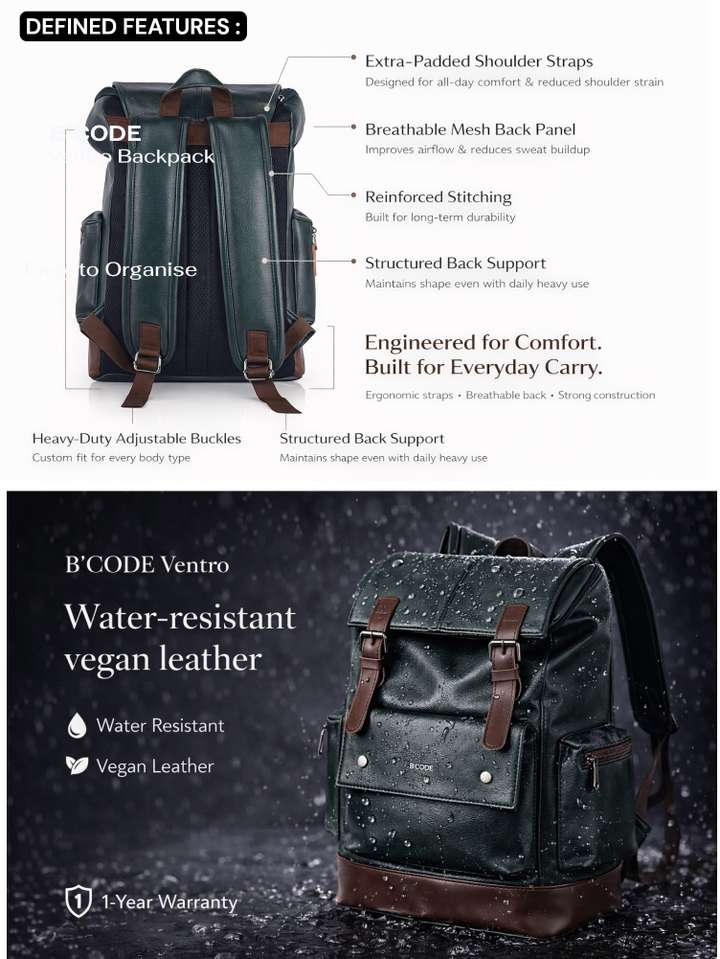 30 L Vegan Leather Anti-Theft Laptop Backpack Waterproof Travel & Office Bag