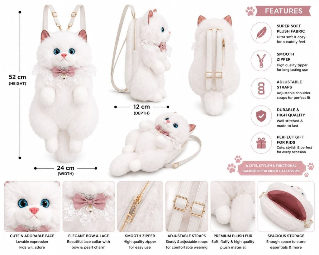 Realistic Cute Cat Plush Backpack for Girls and Kids - Soft Furry Stuffed Animal Shoulder Bag