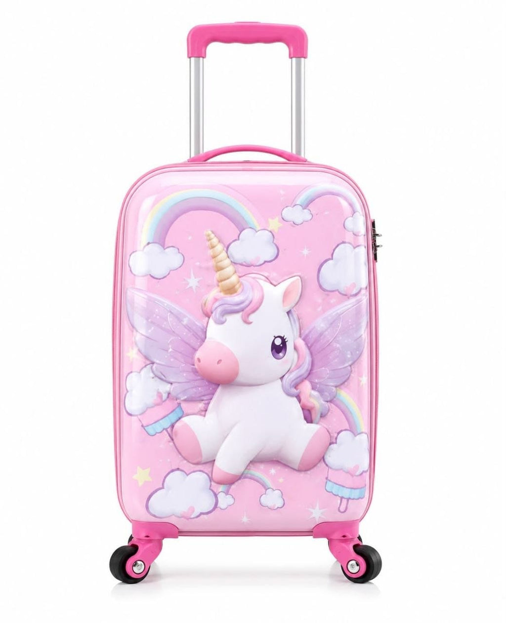 Premium Kids 3D Rainbow Unicorn Trolley Bag | 22L Hardshell Cabin Suitcase with 360° Spinner Wheels for Girls & Boys (48 cm, Pink)