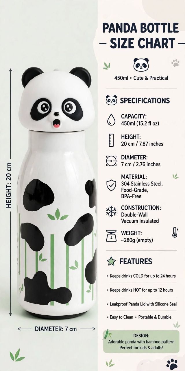 Cute Animal Face Stainless Steel Water Bottle | Insulated Hot & Cold Thermos Flask for Kids & School (450ml)